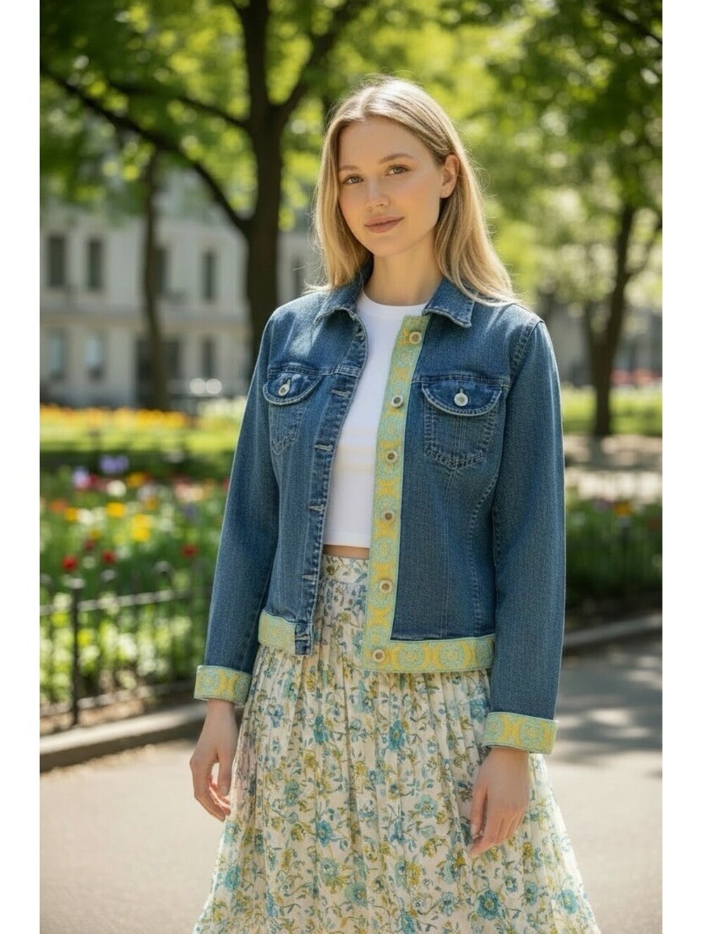 AREA NYC Cropped Denim Jacket with Yellow Jacquard Geometric Trim  Size 0
